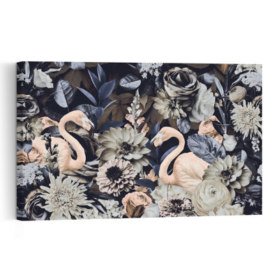 Moody Floral Flamingos Abstract Bird Flamingo Flower Tropical Wall Art Print 1 Piece Wrapped Canvas Wall Art