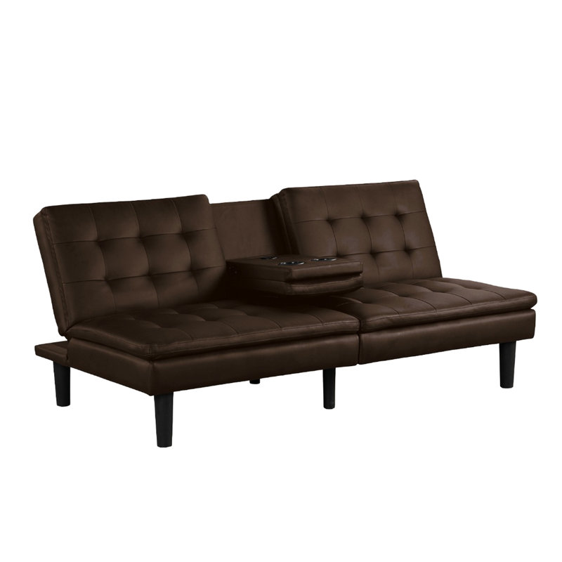 Contemporary Brown Futon , Biscuit - Seat And Back, Converts To Bed, Drop Down Table Chargers For Convenience Futon, Convertible Cushions A C With Cup Holders