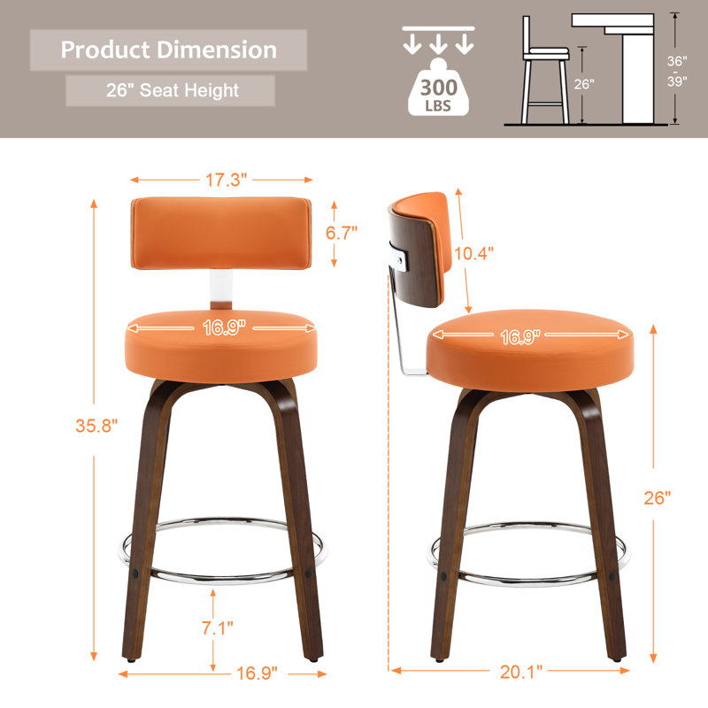 Orange Faux Leather Swivel Counter Stools with Walnut Wood Legs