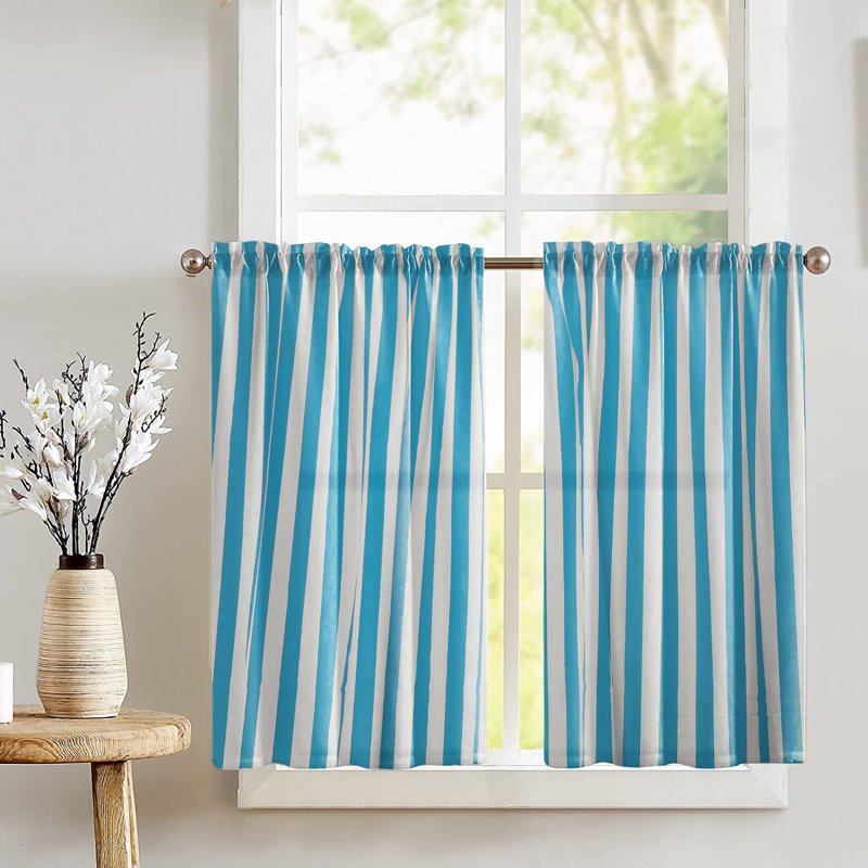 Turquoise and White Cotton Striped Kitchen Tier Curtains