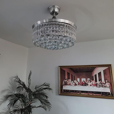 Ventilateur de plafond en cristal de 42 po avec lumière et télécommande moderne avec lustre rétractable argenté à 3 vitesses 3 lumières avec luminaire à moteur silencieux DEL