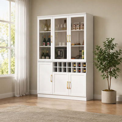 Meuble-bar moderne de 180 cm de haut avec portes vitrées, meuble de rangement pour bouteilles avec casier à vin amovible pour 14 bouteilles et étagères intégrées, grand buffet à vin, blanc