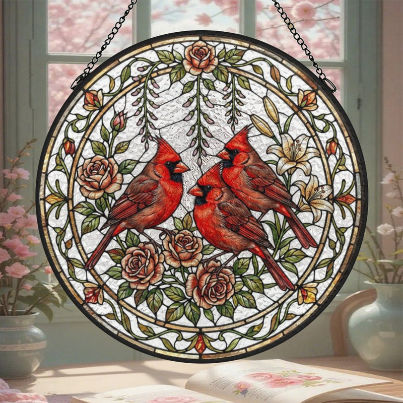 Three Red Cardinals (1) Vitrail pour fenêtre, 9,8 x 9,8 po (25 x 25 cm)