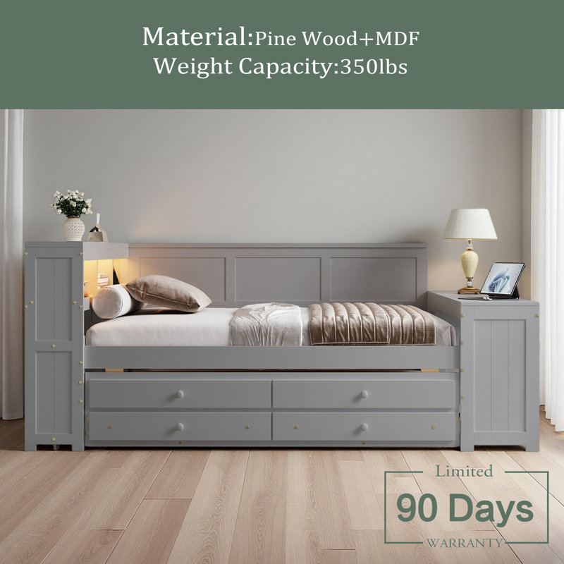 Full Size Daybed With Storage Shelves,Drawers,Trundle,Charging Station,LED Light,Desk And Cabinet, Gray