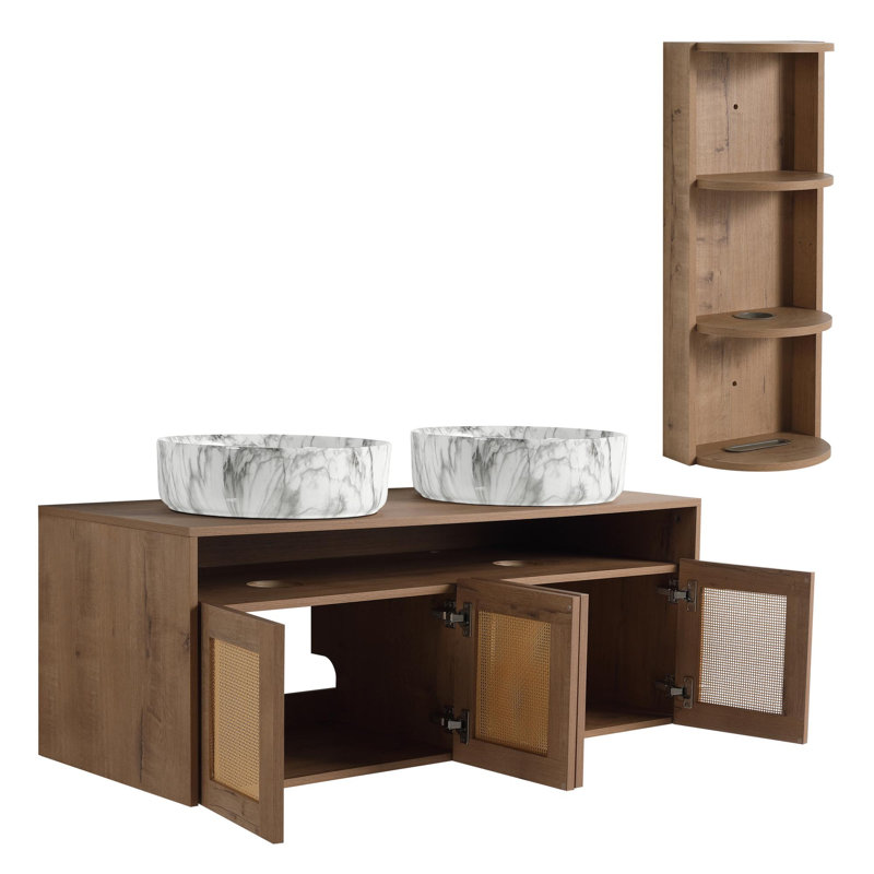 Meuble-lavabo de 48 pouces avec deux lavabos en céramique et tablettes de rangement