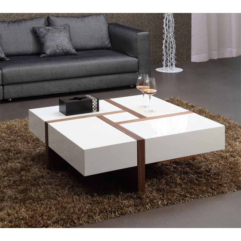 White and Walnut Square Wood Coffee Table with Storage