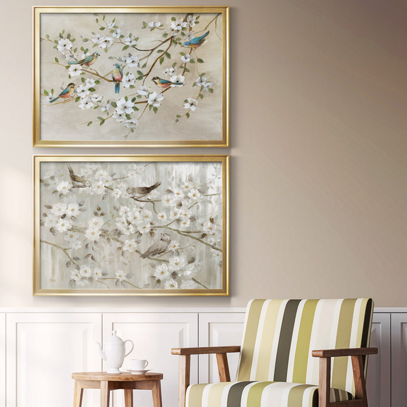 Oiseaux d'une plume, toile de qualité supérieure - prête à être accrochée, Or, H 26,5 po x l 73 po x P 1,5 po, Blanc