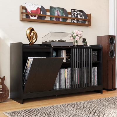 Mid-Century  Turntable Stand With AC & USB Outlets, Large Capacity Media Console Table For Turntable - Large Vinyl Record Storage Cabinet For Living Room & Bedroom