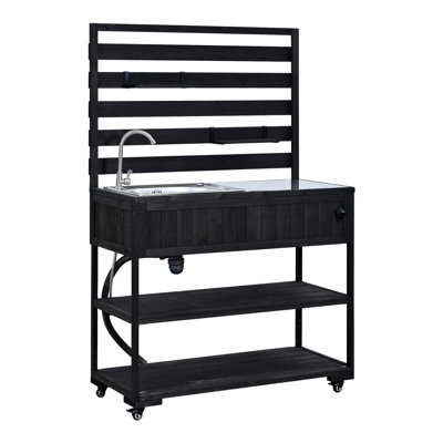 (With Assembly Video) TOPMAX 41.7'' Large Patio Rolling Kitchen Island Solid Wood Kitchen Cart with Sink, Garden Potting Bench with Stainless Table Top, 2 Movable Shelves and 1 Bottle Opener,Black
