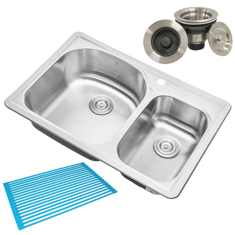 33 " L Drop-In Double Bowl Stainless Steel Kitchen Sink, 1 Hole