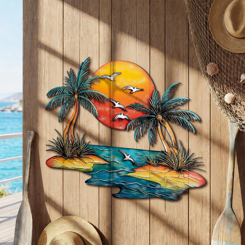 Coastal Metal Palm Tree Wall Decor, Sunset Tropical Beach Wall Art for Bedroom Bathroom Living Room