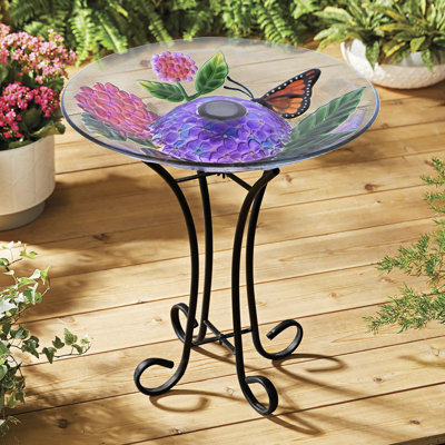 Solar LED Floral Glass Butterfly Bird Bath with Stand