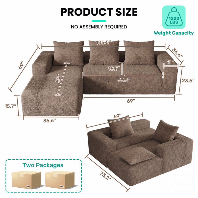 Canapé modulaire de 106 po avec méridienne en forme de L, canapé modulaire à assise profonde et canapé en velours côtelé