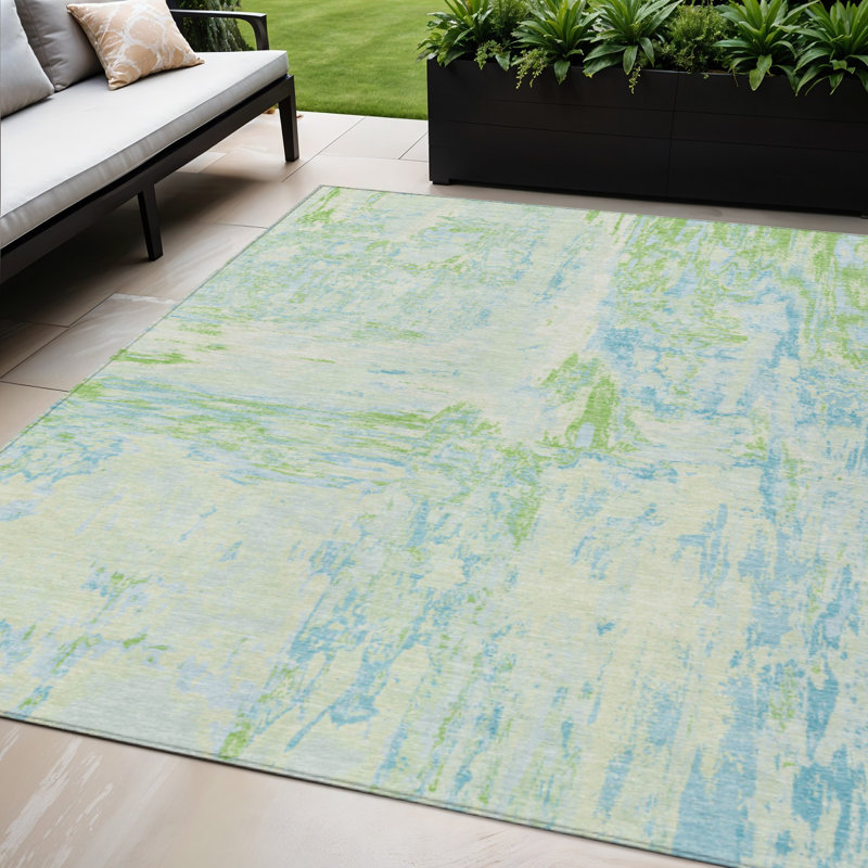 Tapis extérieur lavable abstrait vert menthe et bleu 5 pi x 8 pi