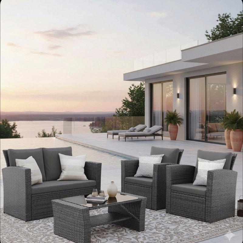 4-Piece Wicker Patio Conversation Set With Glass Table And Black Cushions, Black