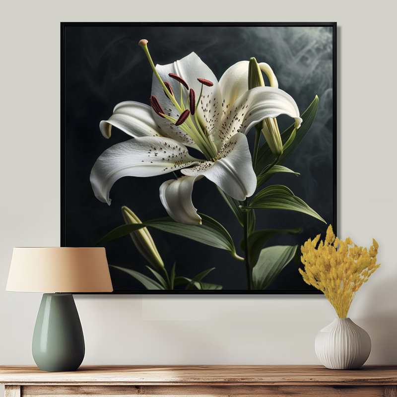 Gros plan d'une fleur de lys blanc - art mural Lily, Cadre flottant noir, bois massif, H 16 po x l 16 po