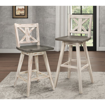 2 chaises de comptoir grises blanches, bois d'hévéa massif, pivotant à 360 degrés, salle à manger rustique pour 2 personnes, bois, meubles pivotants