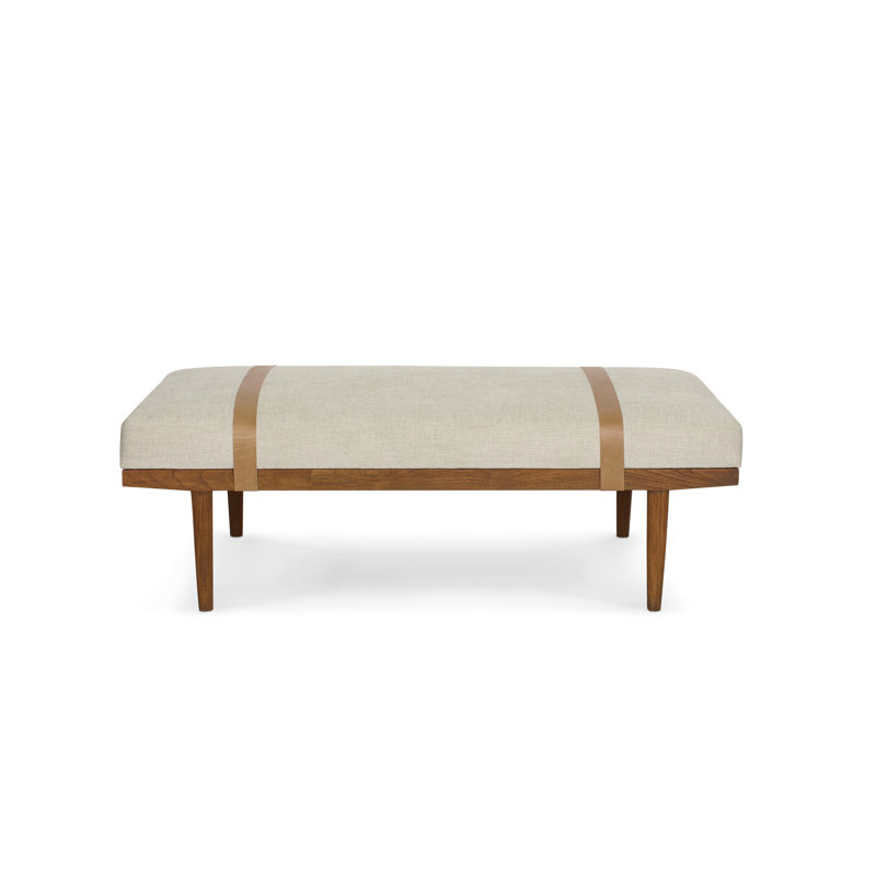 Beach Crypton Fabric and Teak Ottoman with Leather Straps