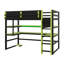 Lit mezzanine simple en bois avec bureau, module de rangement latéral, plusieurs tablettes de rangement et éclairage DEL-1186029030