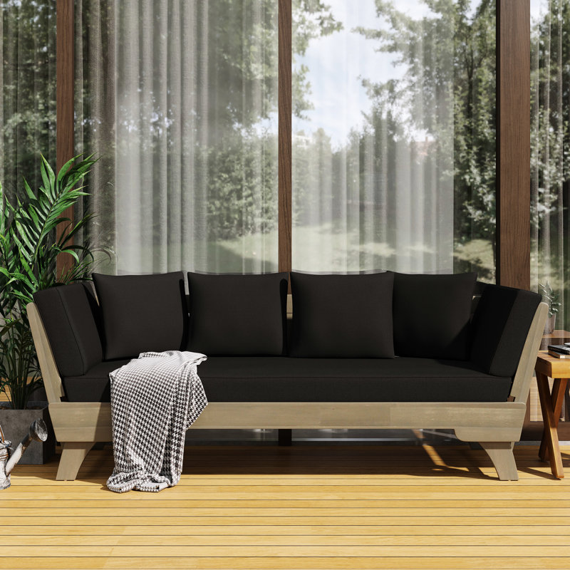 Lit de jour d'extérieur gris avec fonction extensible, construction en bois, coussins d'eau, hauteur 26,81 po, sièges à lattes, P 30,66 po, l 67,44 po, lit de jour convertible en H, structure, dimensions, sièges