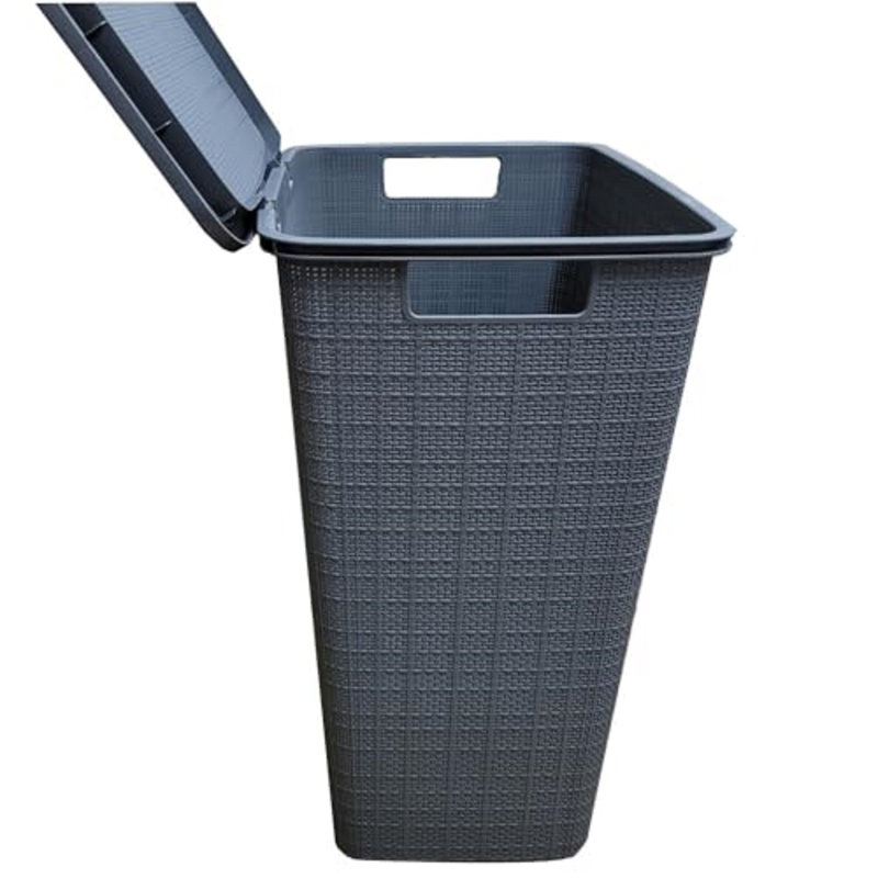 YBM Home Plastic Rattan Laundry Hamper Basket With Hinged Lid, Ventilation Holes, Durable, Lightweight Bin With Cutout Handles, Storage Dirty Clothes, Space Saver, 6-Pack