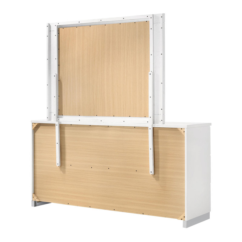 Commode 6 tiroirs en bois avec miroir blanc brillant