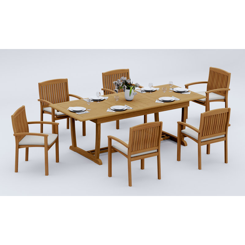 Ensemble de salle à manger 11 pièces en bois de teck de qualité A: table de chevet rectangulaire à double tréteaux 94 po et 10 chaises à accoudoirs empilables # 11WV2110