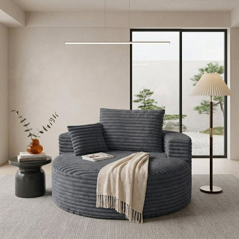 Fauteuil lounge rond surdimensionné de 127 cm (50 po), méridienne circulaire moderne rembourrée avec assise profonde, canapé-lit moelleux et confortable pour coin lecture, salon et chambre, aucun assemblage requis (gris)