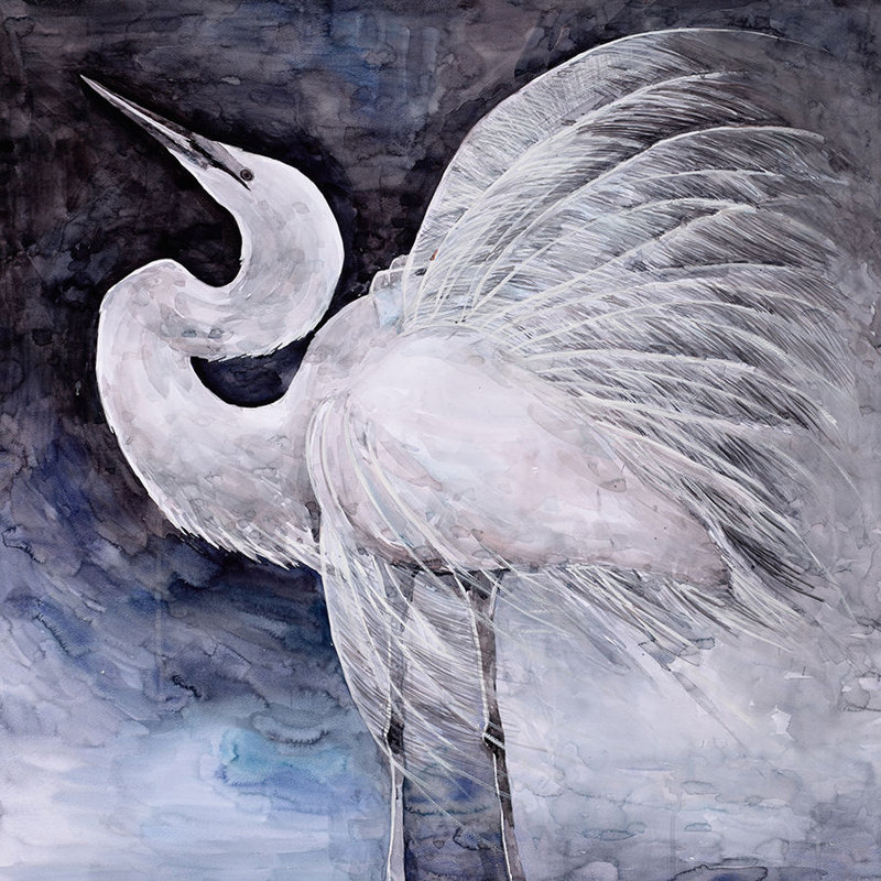 Egret Soiree Print by Beverly Fuller, Glass Coat, 47" H x 47" W x 1.5" D