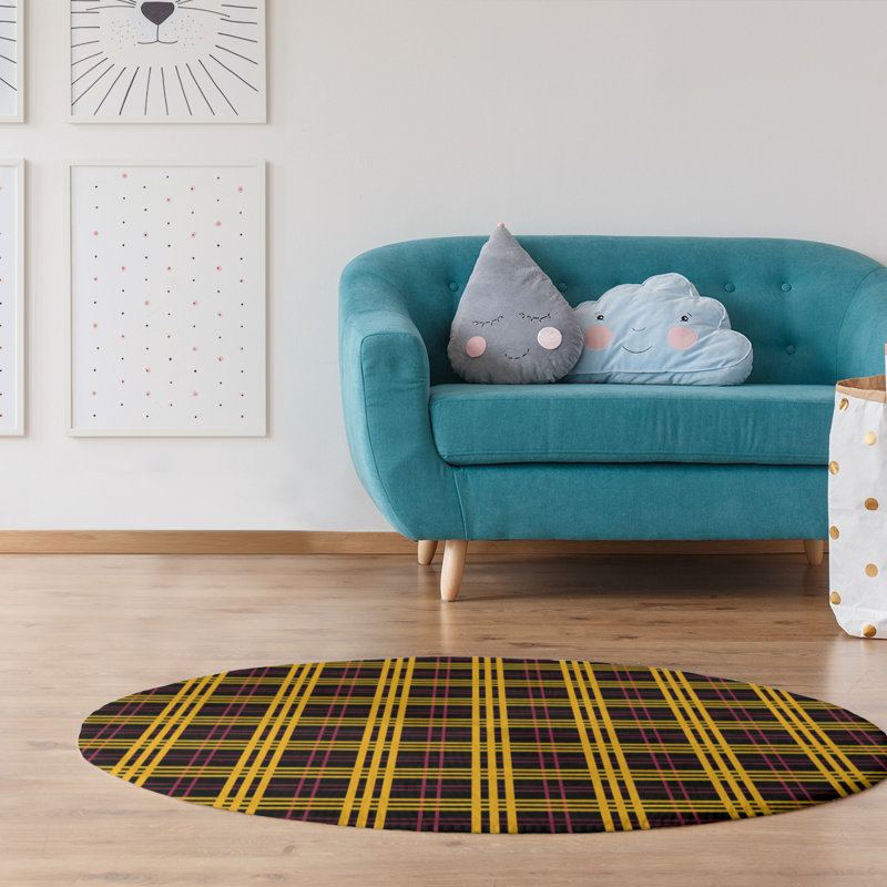 Tapis noir à carreaux, Rond 5 pi