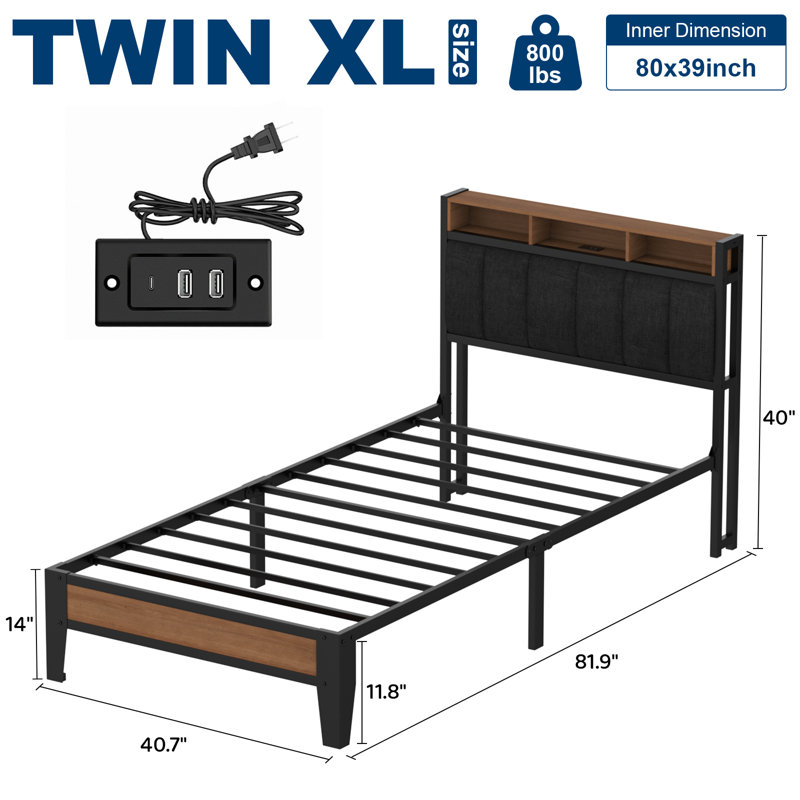 Upholstered Bed Frame with Charging Station and Storage Headboard, Twin XL, Black