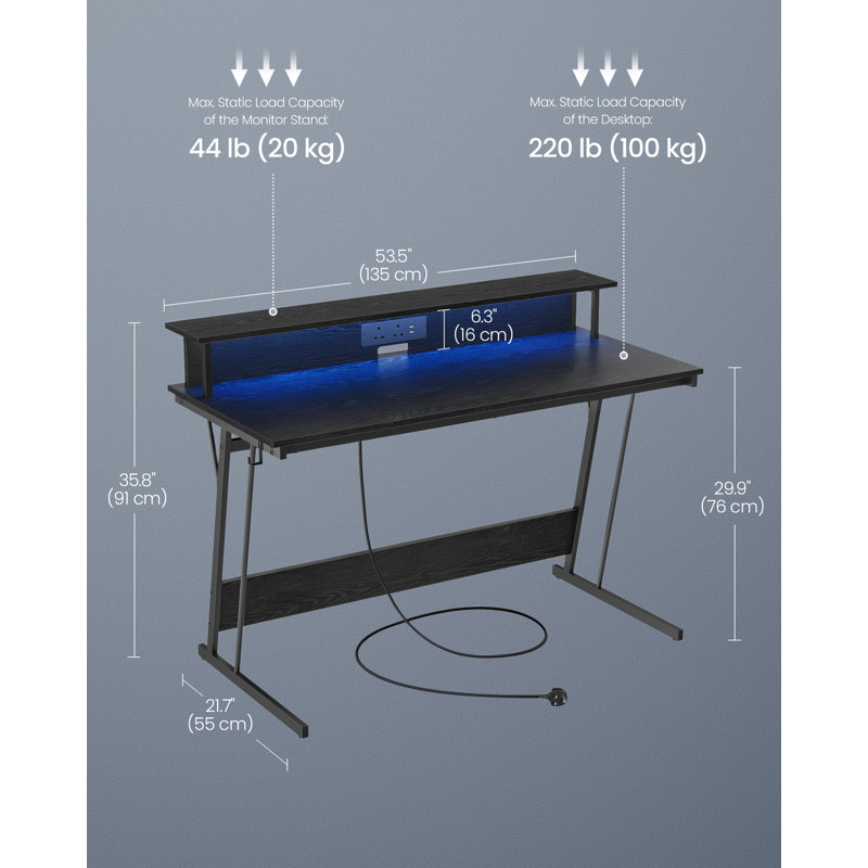 Takeshi Metal Base Computer Desk with Power Outlet, Ebony Black