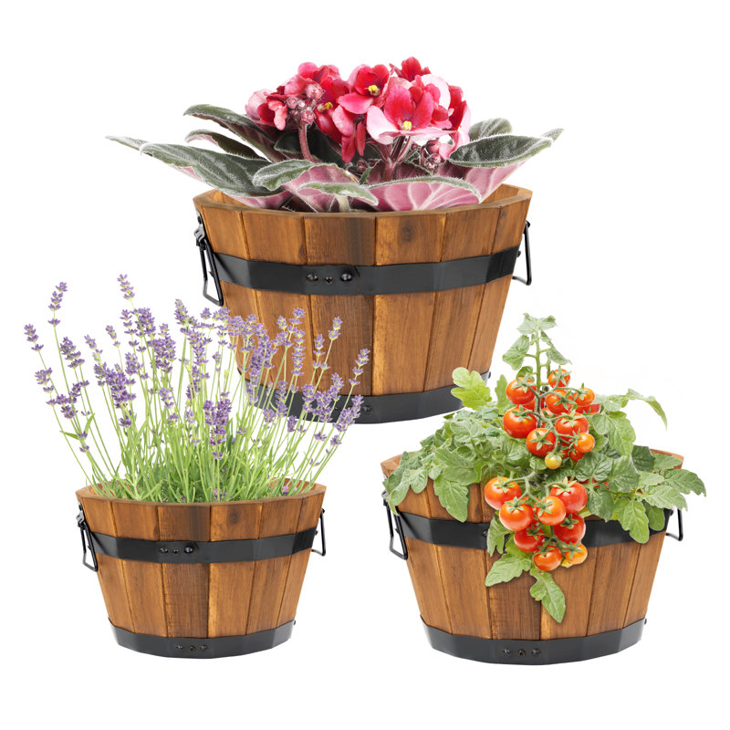 Bostow Set Of 3 Round Barrel Planter, Brown