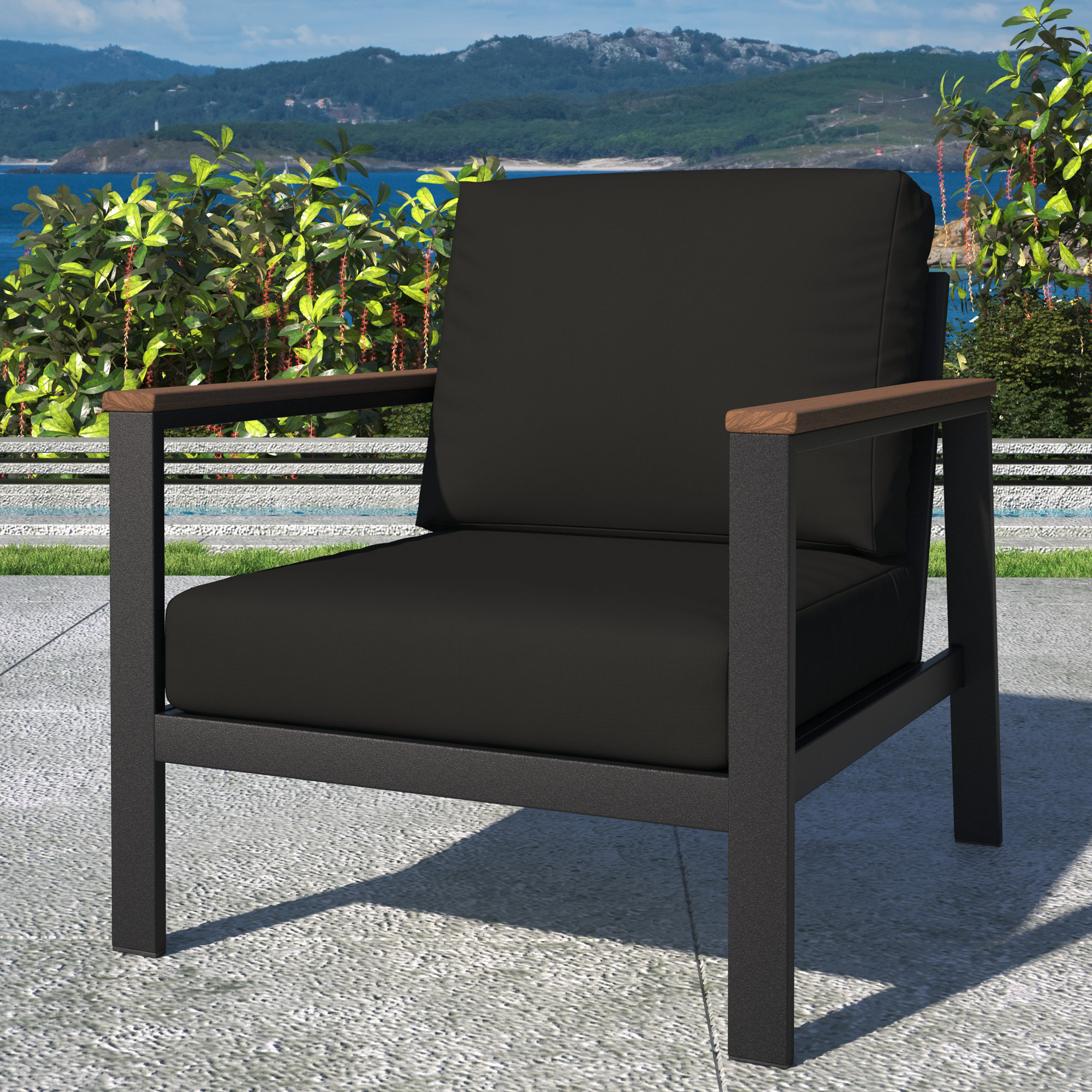 Townsend Outdoor Patio Lounge Chair with Sunbrella Cushions, Brown, Canvas Black Sunbrella® Canvas