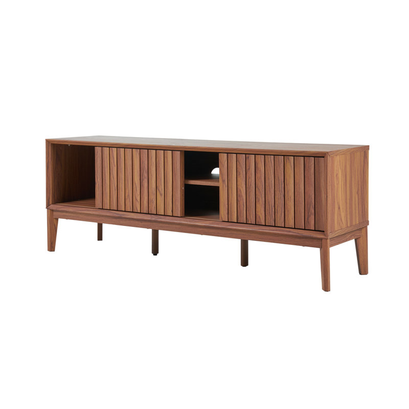 Gennaro 58" Mid-Century Walnut TV Stand Media Console with Slatted Sliding Doors, Adjustable Open Shelving, and a Smooth Matte Finish