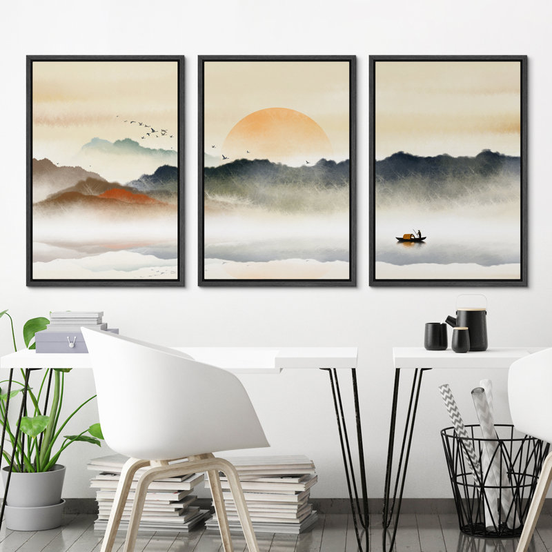 «Abstract Landscape Rising Sun Misty Ocean Mountain», peinture sur toile 3 pièces, Cadre flottant noir, H 36 po x l 72 po