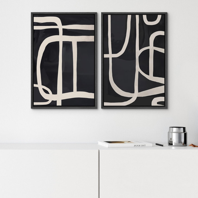 «Mid-Century Spiral Wave», 2 pièces sur toile, H 16 po x l 24 po, Cadre noir