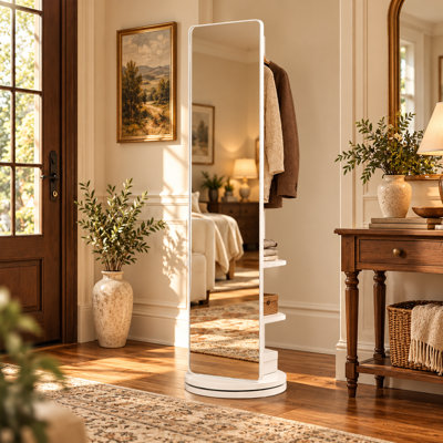 Space Saving 360°Rotating 66"x17.8" Full Length Mirror with Coat Rack and Hooks in White