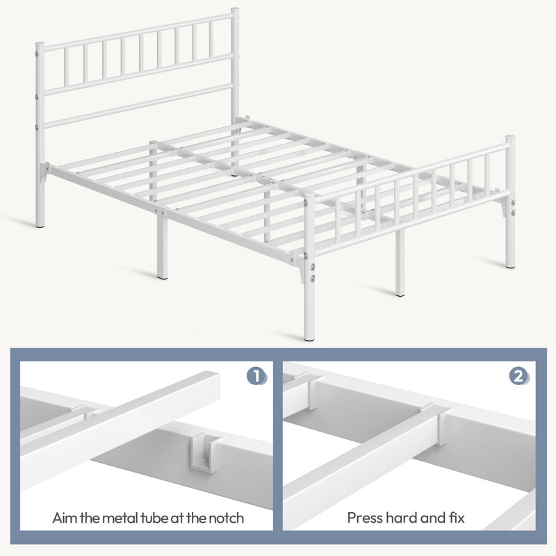 Minimalist Metal Bed Frame with Slatted Headboard, Double (4'6), White