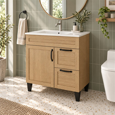 Meuble-lavabo 31,5 po avec lavabo en céramique, 1 porte et 2 tiroirs, naturel