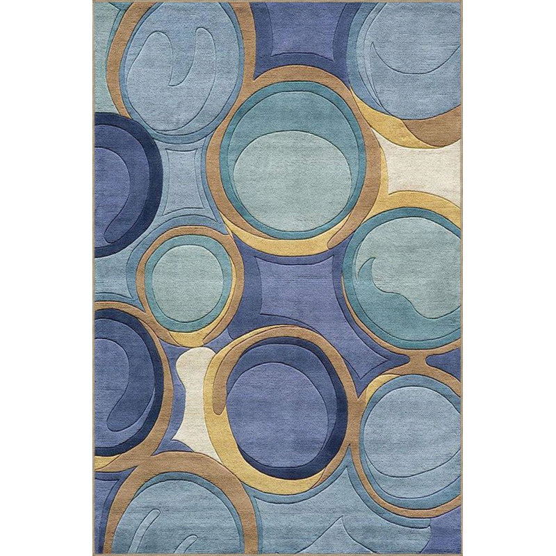 Machine Washable Ringed Patterned Blue Woven Base Area Rug, Runner 3'3" x 6'7" Rug Pad Included