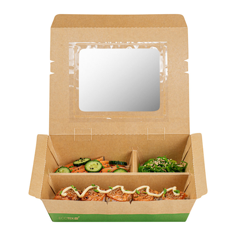 Restaurantware Paper Bento Box 100 Count 51 Ounces Paper Lunch Container Kraft Food Box, Greaseproof Disposable Three Compartment Meal Prep Box with Transparent PLA window