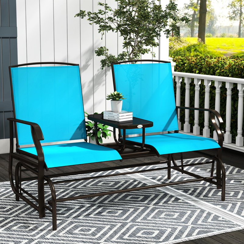 Banc oscillant d'extérieur avec table basse centrale - bleu. Cadre en métal pour la cour. Filet respirant, 264 lb Nombre de places assises, patio à double glissement, bleu, jardin, porche et balcon