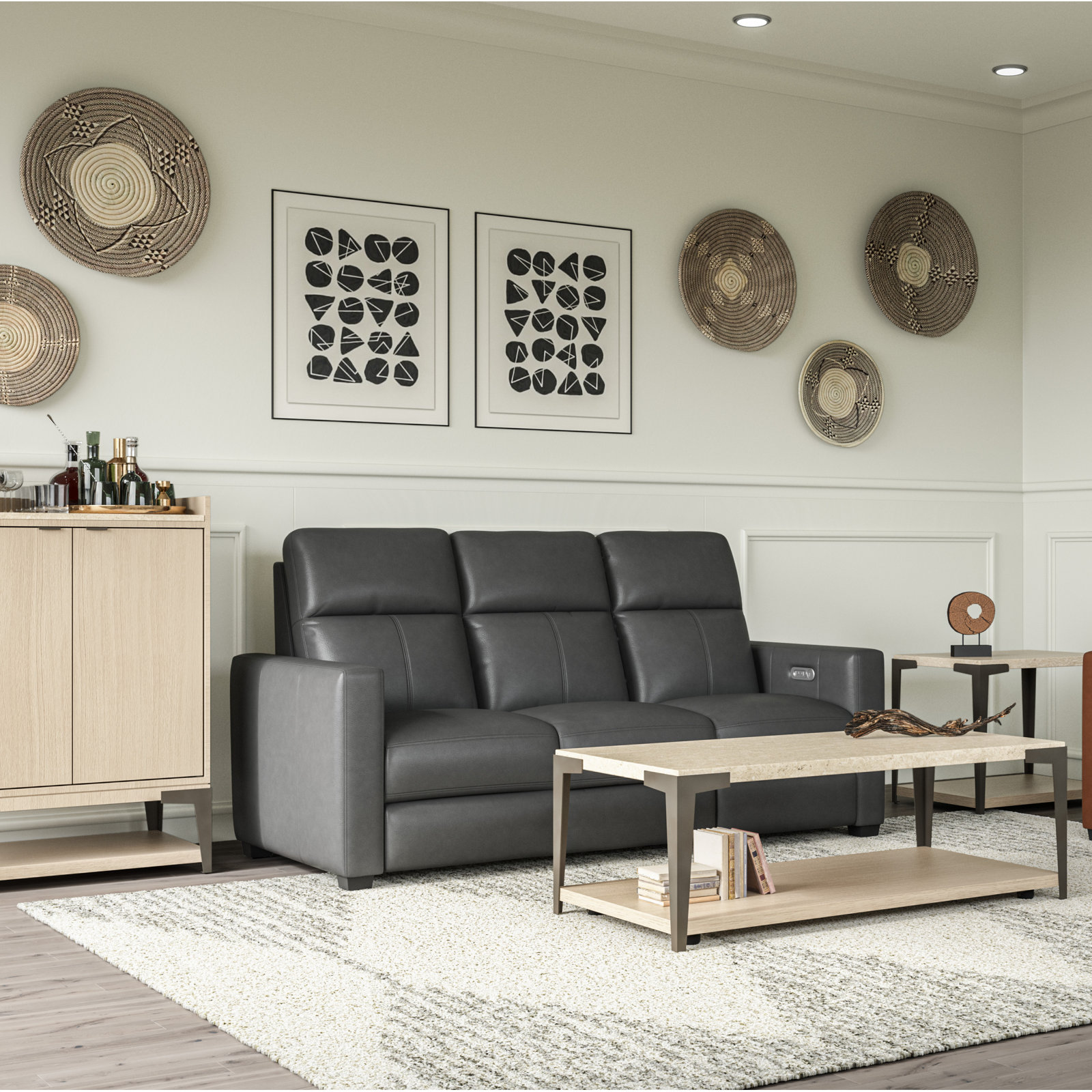 Broadway Leather Power Reclining Sofa with Power Headrests, Shale Leather Match