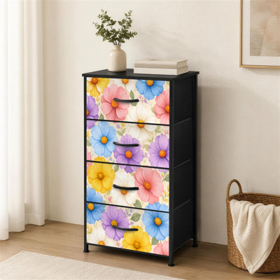 Commode à 4 tiroirs pour chambre à coucher avec fleurs colorées et fleurs pastel et petite commode pour vêtements