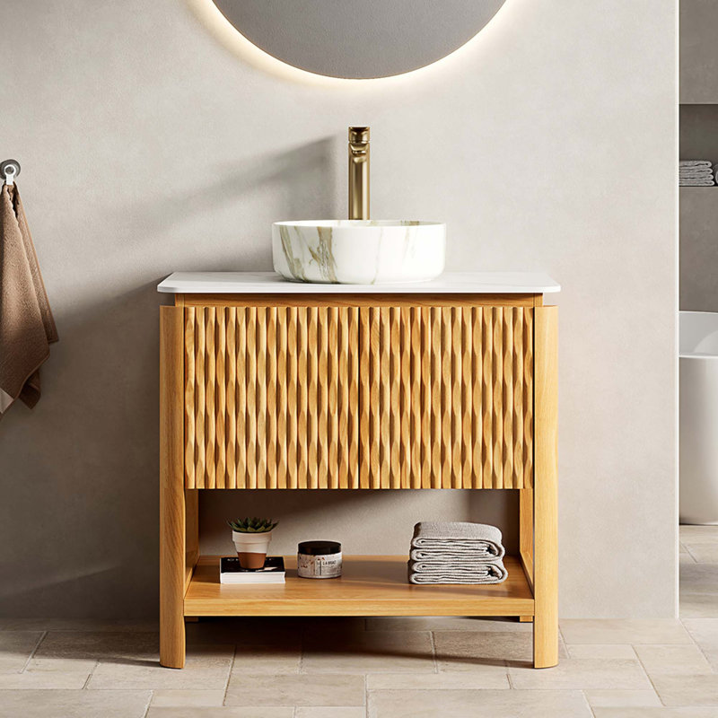 Meuble-lavabo autoportant avec comptoir en pierre frittée et rangement à fermeture en douceur