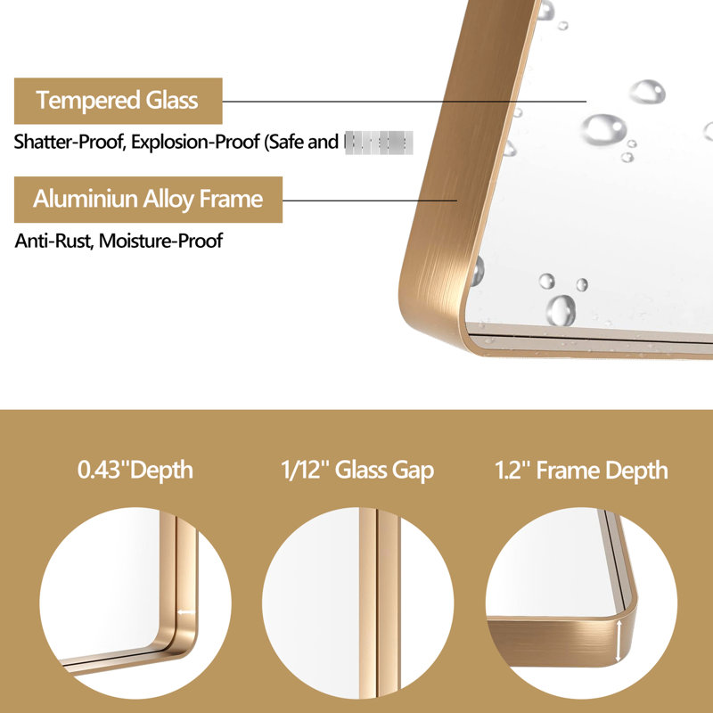 Miroir de salle de bain 24 po x 32 po avec cadre en aluminium doré - verre flotté HD pour une vue dégagée, alliage d'aluminium rouille, membrane résistante, fixation murale facile à fixer en Z à partir du verre, de la structure,