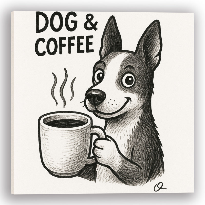 Perky Pup & Coffee - art mural sur toile de chien noir et blanc
