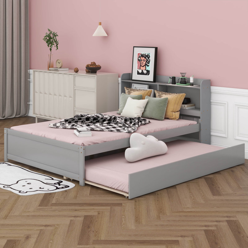 Full Size Platform Bed With Trundle, Wood Full Bed Frame With Bookcase And Headboard, Gray