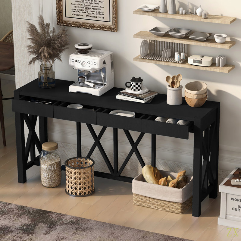 60''Acacia Veneer Console Table With 4 Spacious Drawers, Modern Crisscross Design Entryway Table With Open Bottom Storage,Farmhouse Sofa Table For Living Room,Kitchen,Dining Room,Hallway